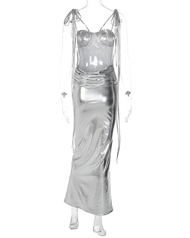 Silver Backless Suspender Long Pleated Slim Dress