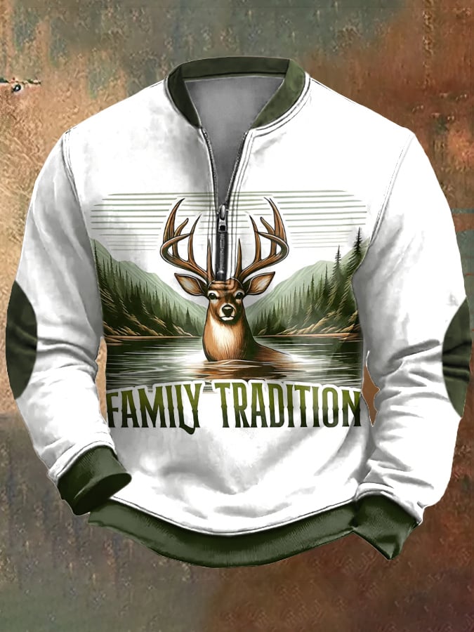 Men's Vintage Outdoor Deer Hunting Print Zip-Neck Sweatshirt