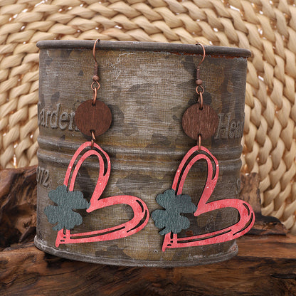 Valentine's Day Heart Hollow Four-leaf Clover Wooden Earrings