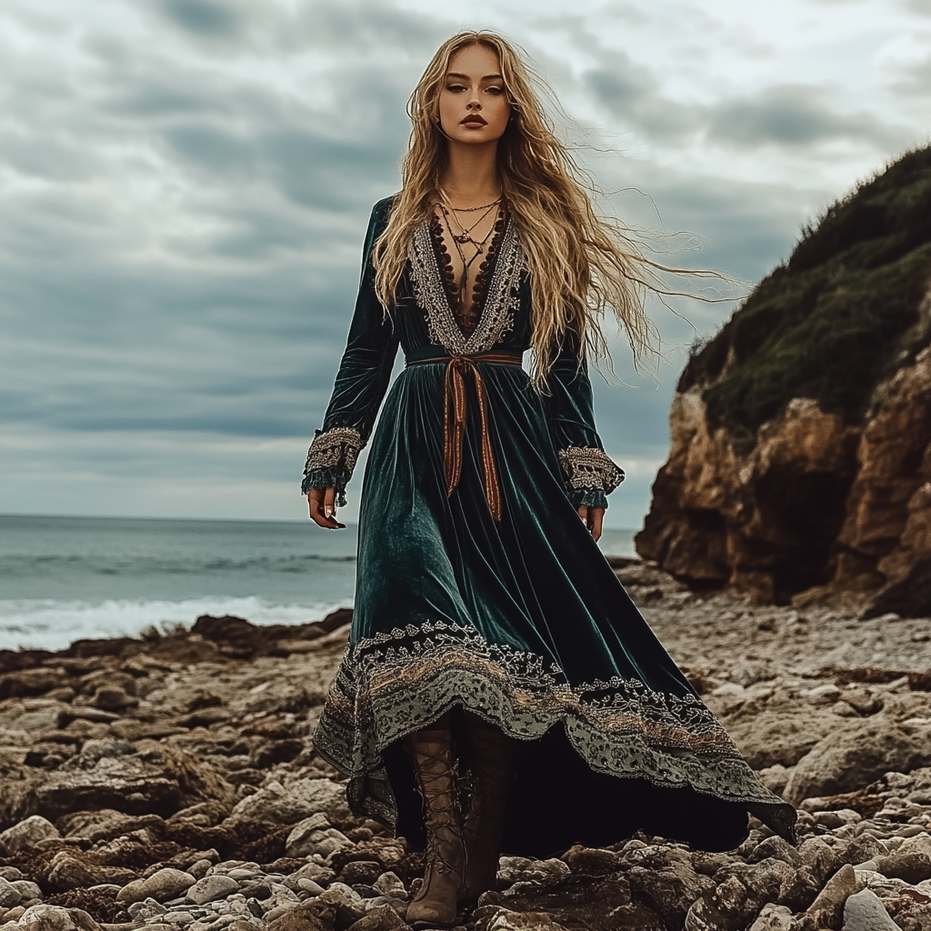 Breezy Bohemian Beach Vacation Autumn And Winter Velvet Ethnic Style Fluttering Dress