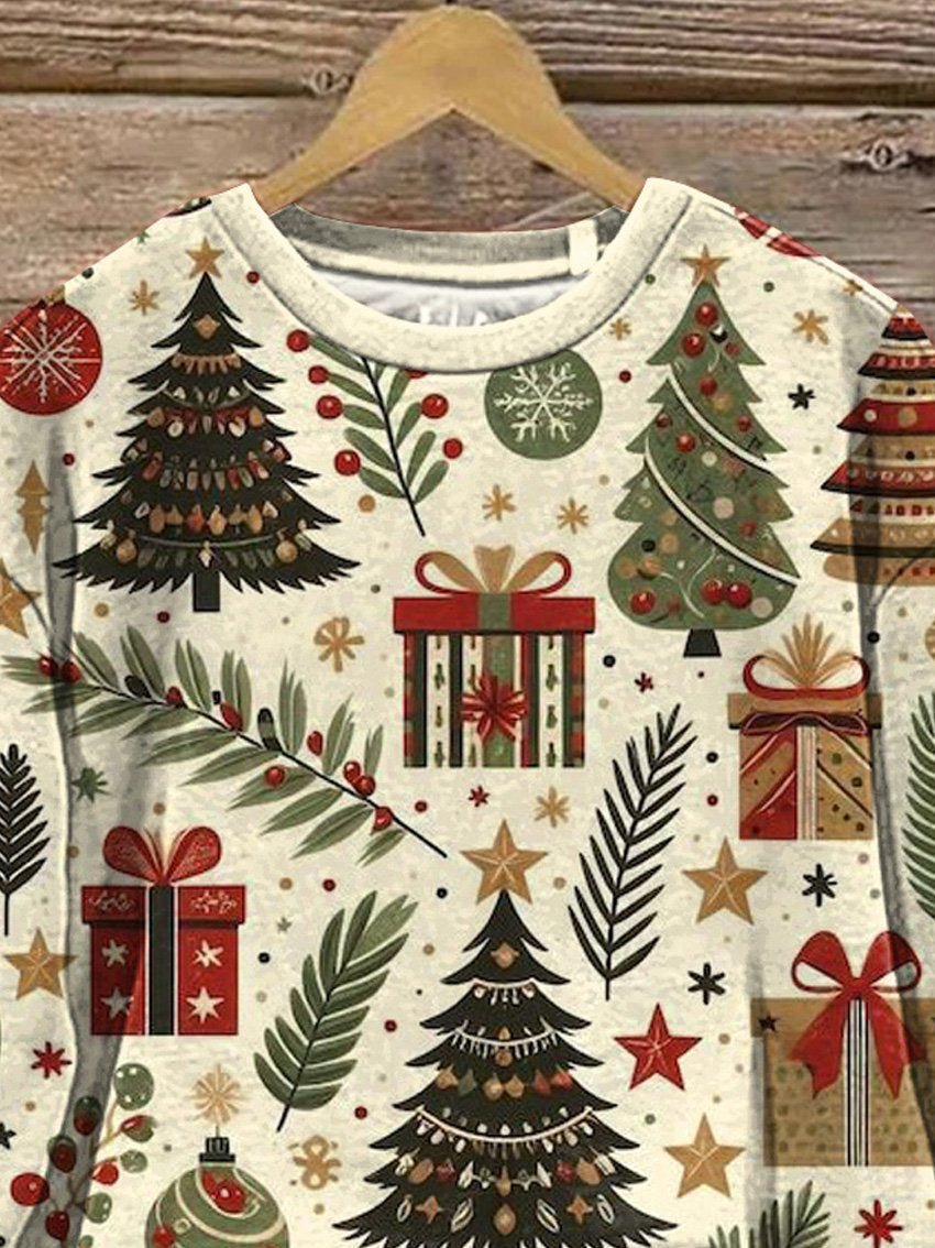 Vintage Christmas Tree And Present Pattern Printed Casual  Sweatshirt