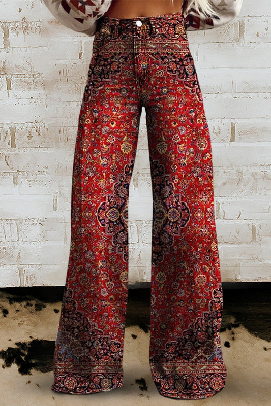 Vintage Art Print Casual Wide Leg Pants