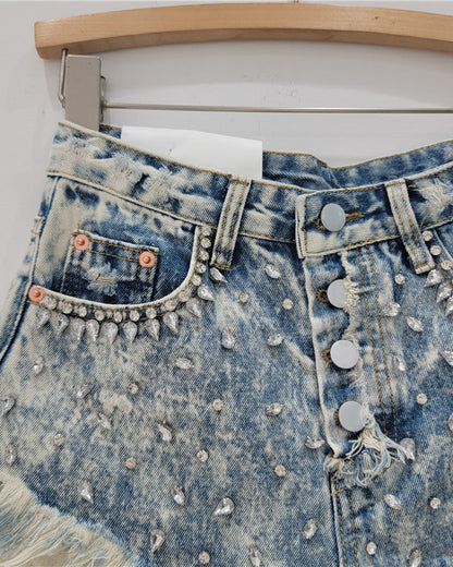 Rhinestone Beaded Fringed 3-Quarter Denim Shorts