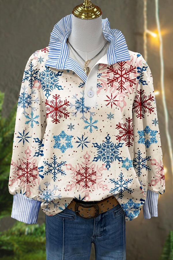 Classic Christmas Snowflakes Print Puff Sleeve Blouse