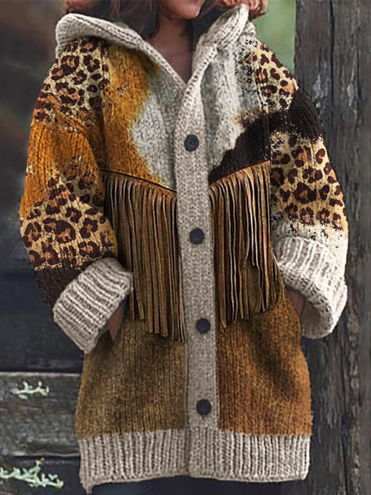 Leopard Cowhide Fringe Cozy Hooded Cardigan