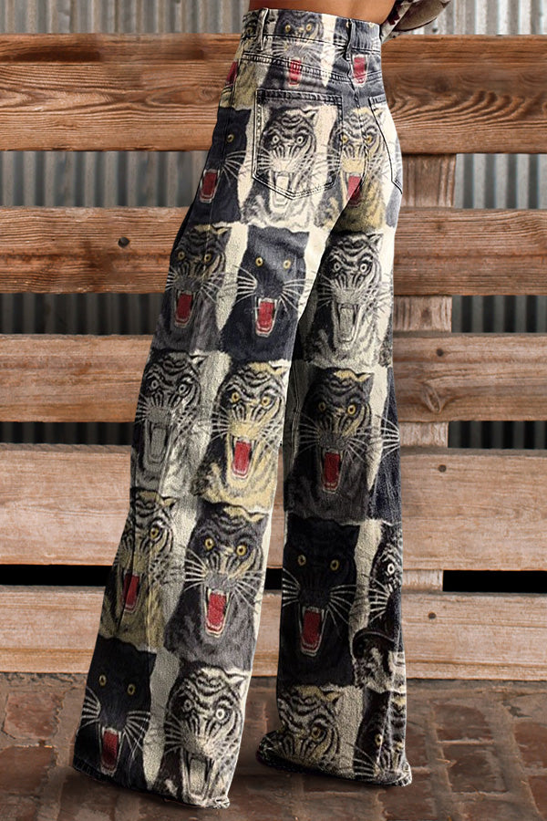 Vintage Hand-Painted Tiger Art Print Casual Wide Leg Pants