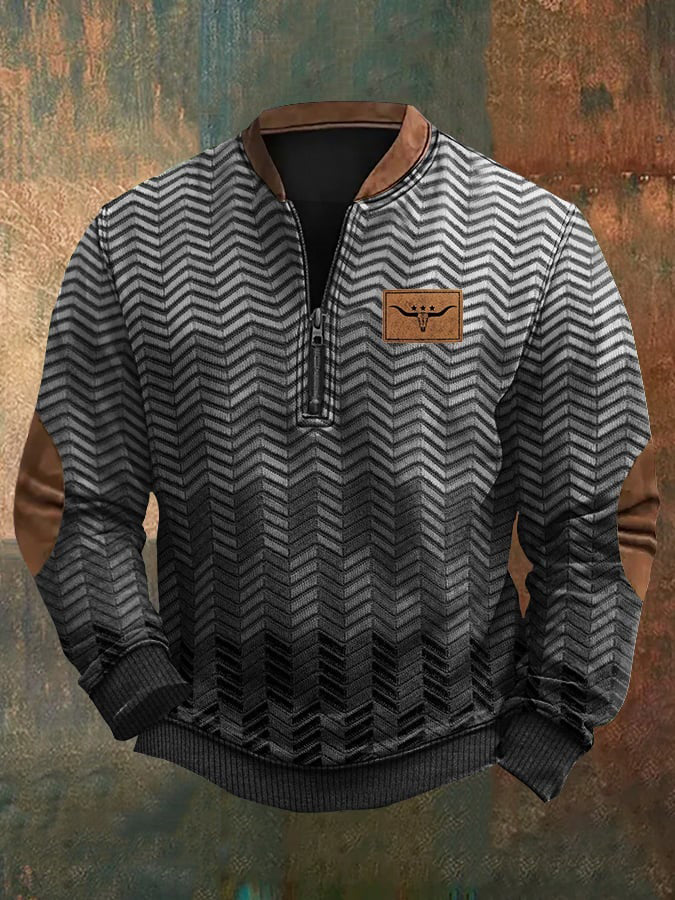 Men's Vintage Country Western Longhorn Print Zipper Stand Collar Casual Sweatshirt