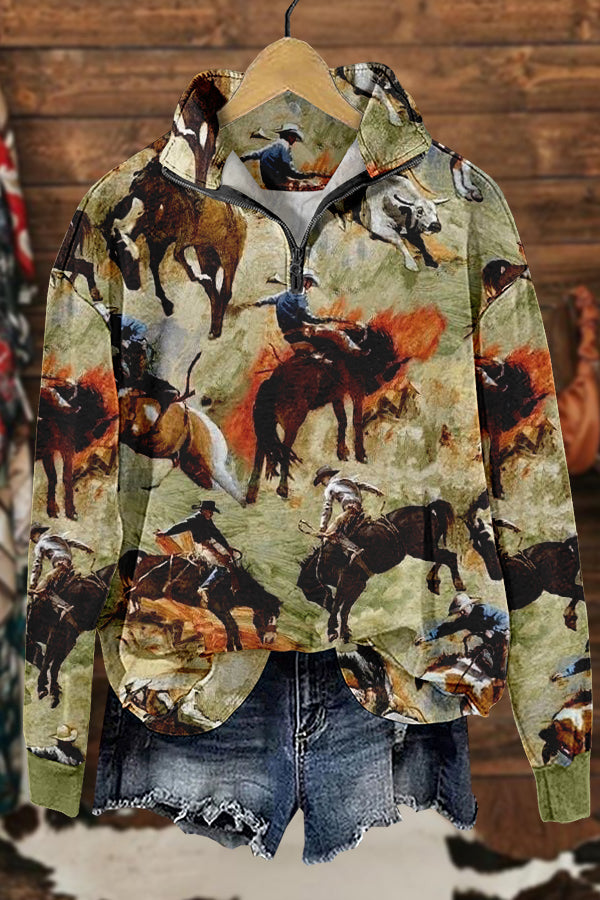 Retro Western Cowboy Horse Racing Rodeo Print Sweatshirt