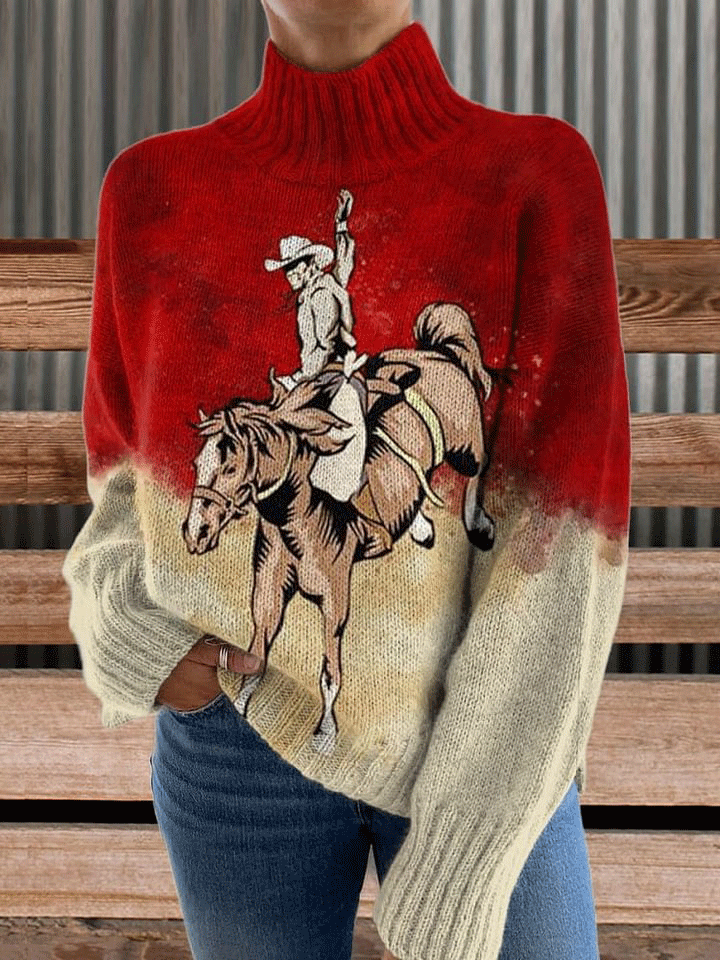 Vintage Print Knit Turtleneck Pullover Sweater