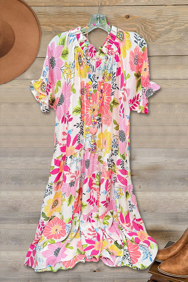 Ruffled Short-Sleeved Floral Print Chiffon Maxi Dress