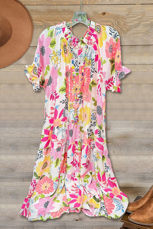 Ruffled Short-Sleeved Floral Print Chiffon Maxi Dress