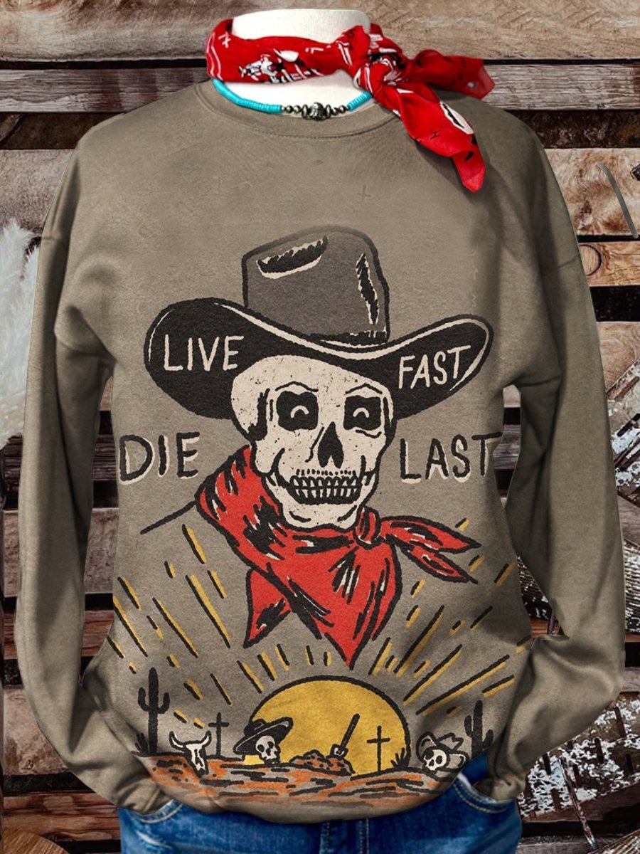 Funny Skull Cowboy Print Casual Sweatshirt