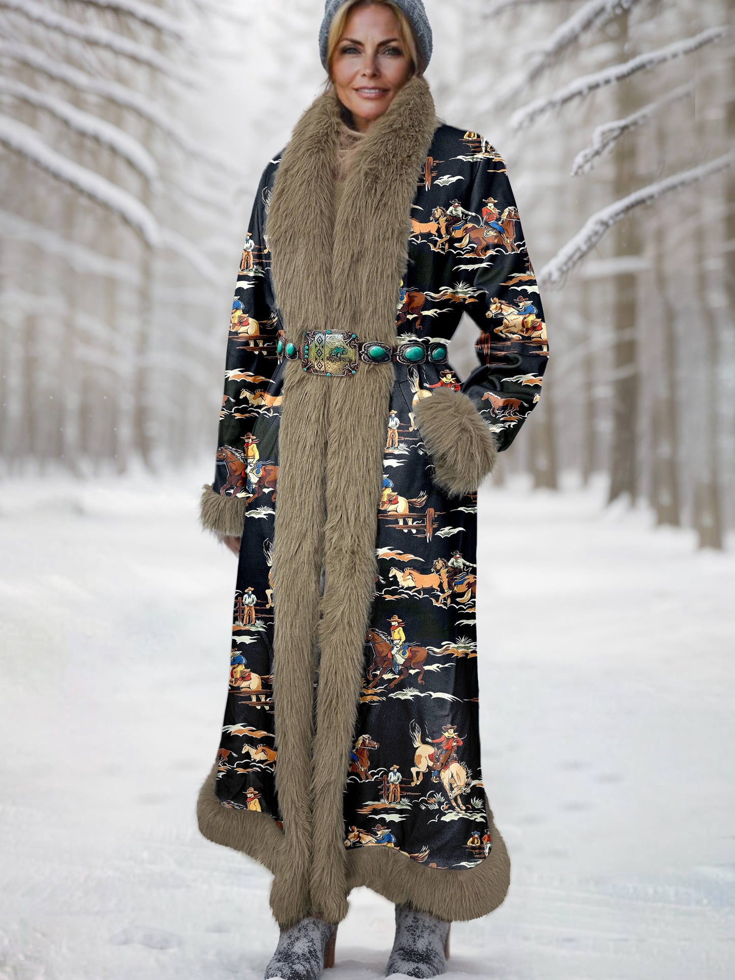 Women's Vintage Western Printed Fur Patchwork Suede Long Afghan Coat