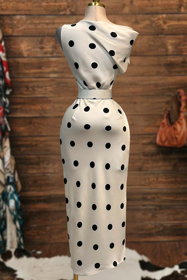 One Shoulder Slit Polka Dots Elegant Maxi Dress