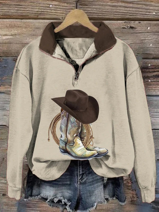 Women's Western Boots Print Zipper Collar Long Sleeve Sweatshirt