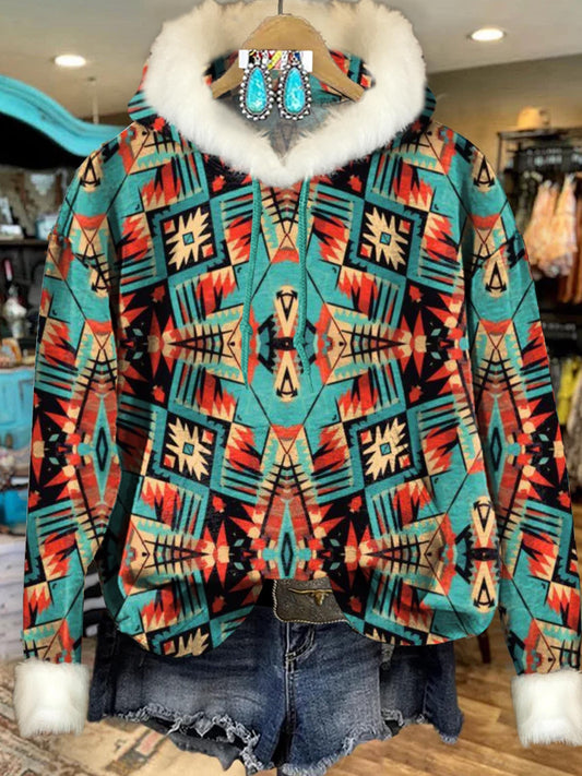 Retro Cyan Aztec Art Print Imitation Rabbit Fur Trim Casual Hoodie Sweatshirt