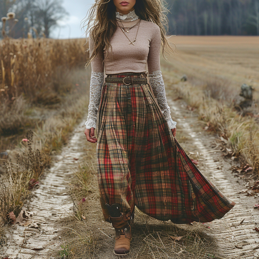 Women's Retro High Neck Long Sleeve Long Skirt Plaid Pastoral Style Dress