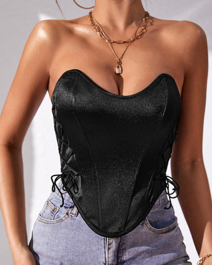 Sexy Lace-up Solid Color Bustier and Backless Fishbone Waist Vest