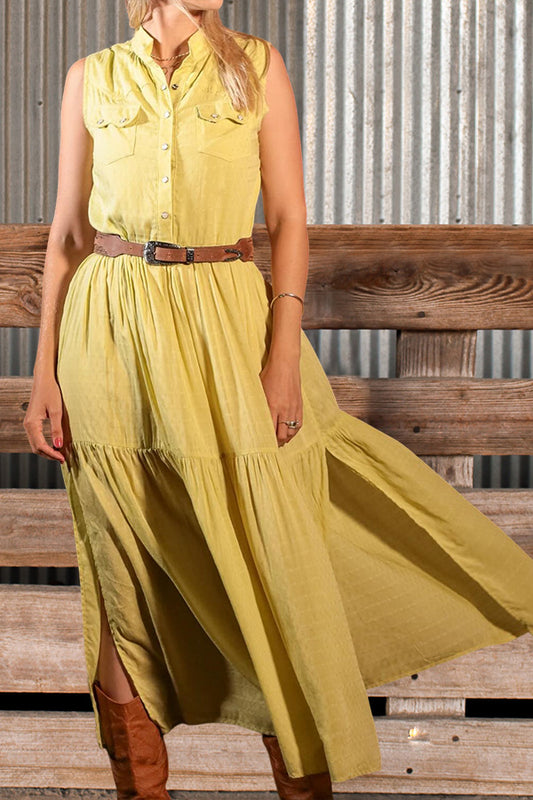 Solid Color Buttoned Sleeveless Slit Dress