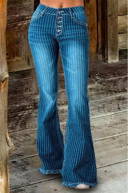 Mid-Rise Striped Flared Jeans