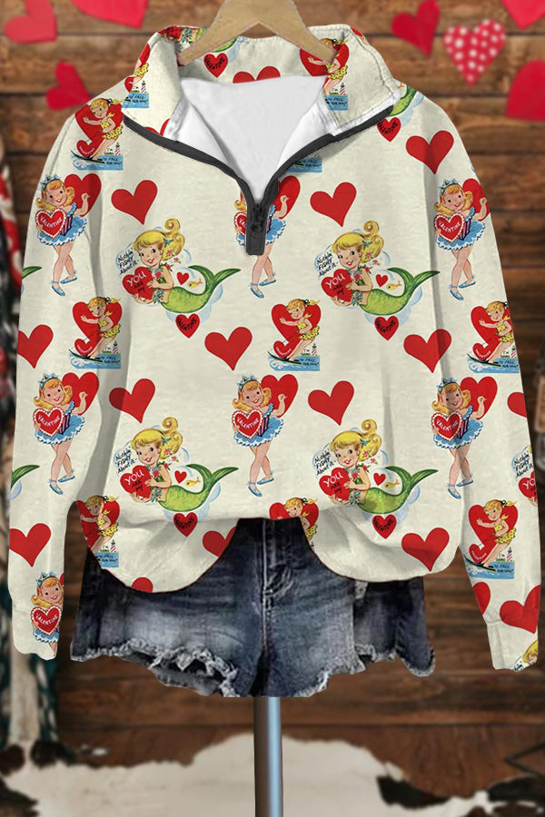 Valentine's Day Print Lapel Long Sleeve Sweatshirt