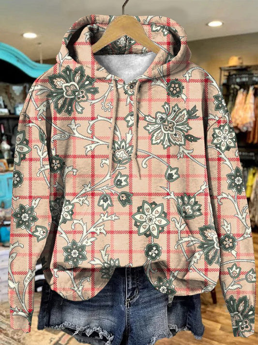 Retro Ethnic Floral Plaid Art Print Casual Hoodie Sweatshirt