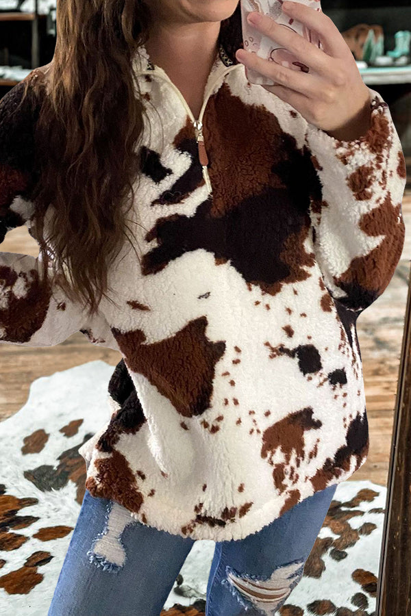 Stylish Plush Cow Print Zipper Sweatshirt