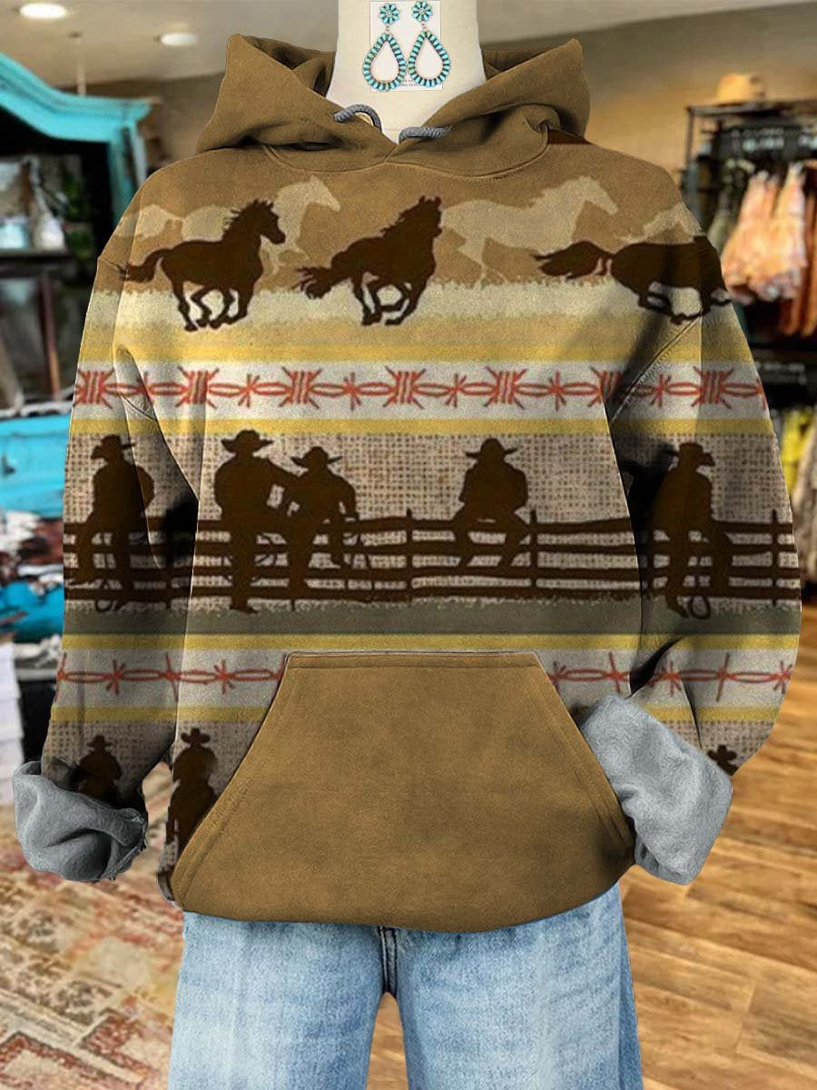 Vintage Western Cowboy Print Casual Hooded Sweatshirt