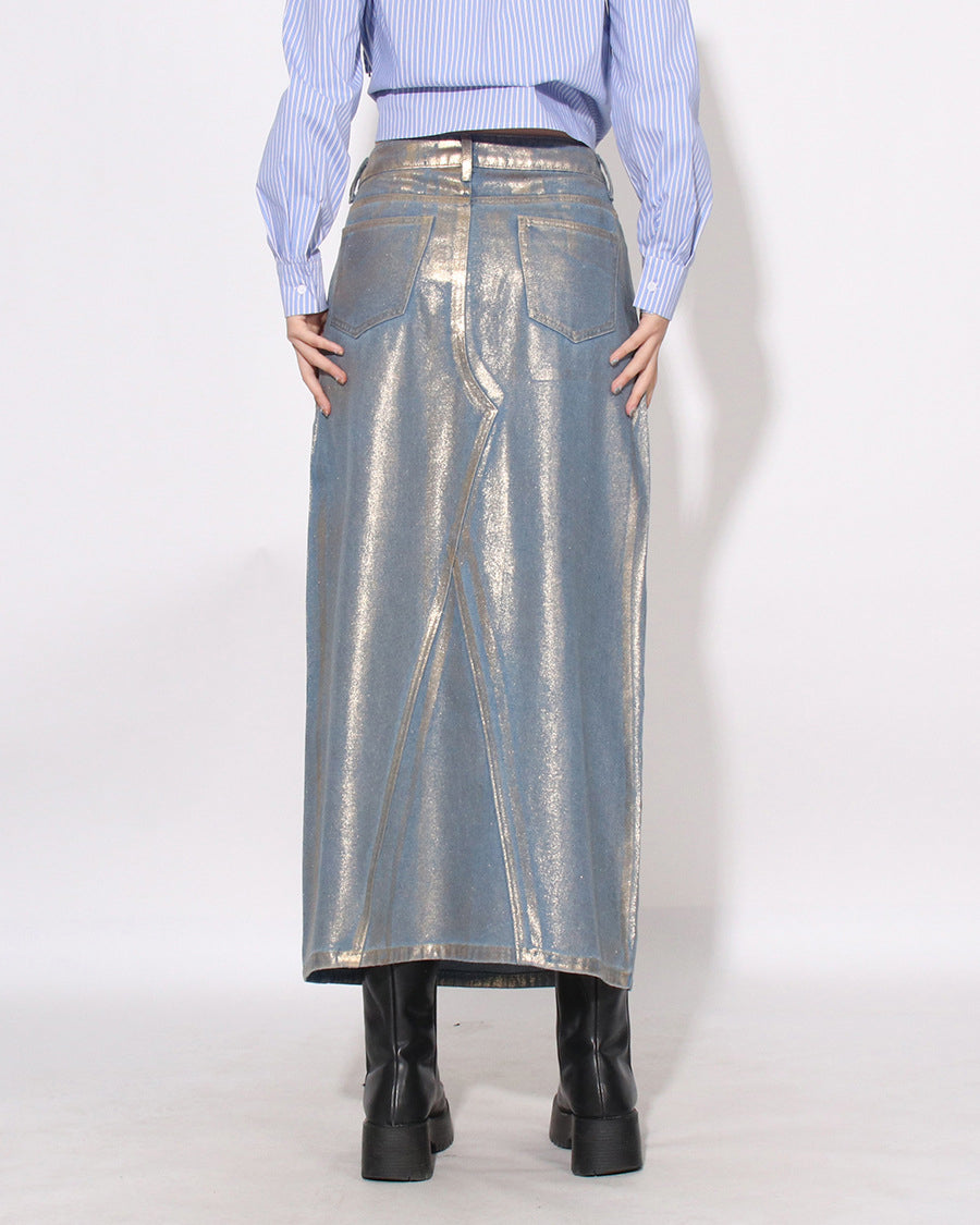 High Waist Hot Stamping A-Line Denim Skirt