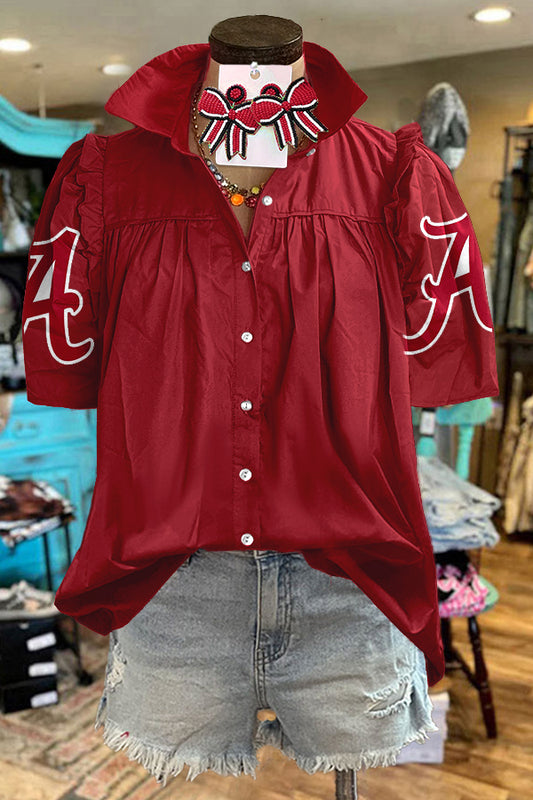 Black Red Alabama Football Gameday Print Puff Sleeve Blouse