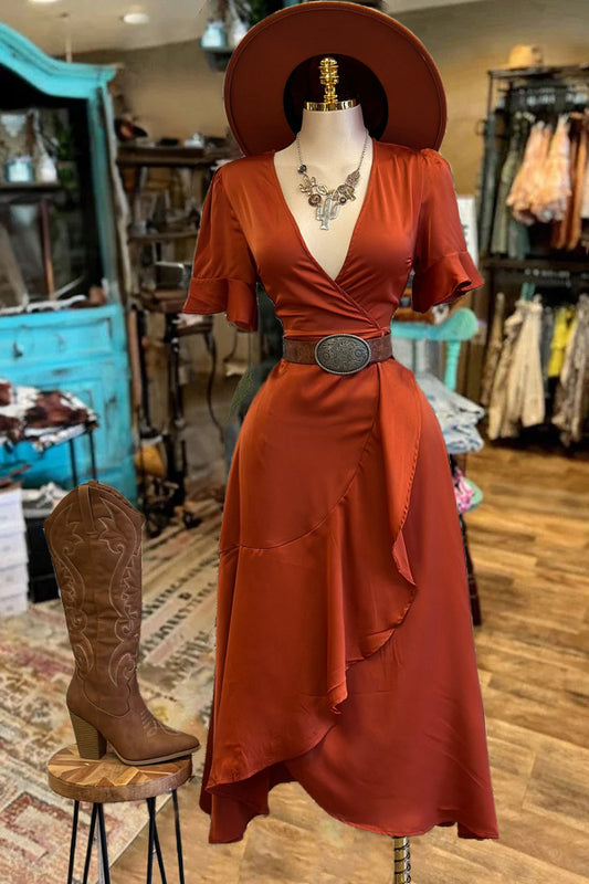 Deep Rust Wrapped Midi Satin Dress