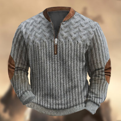 Men's Vintage Western Knit Print Zipper Stand Collar Casual Sweatshirt