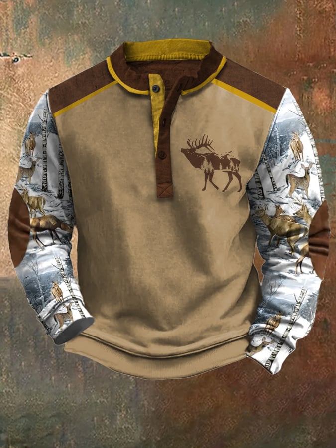 Men's Casual Vintage Contrast Elk Western Sweatshirt