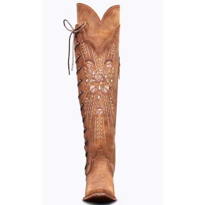 Womens Vintage Embroidered Lace-Up Western Boots