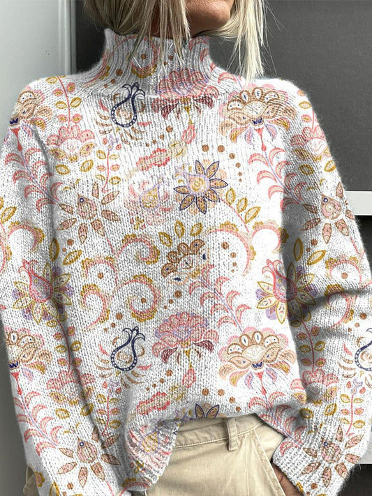 Vintage Floral Art Print Knit Turtleneck Pullover Sweater