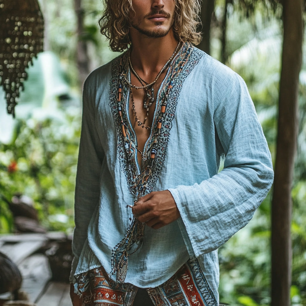 Men's Bohemian Holiday Style Vintage Linen Printed Casual Long Sleeve Top