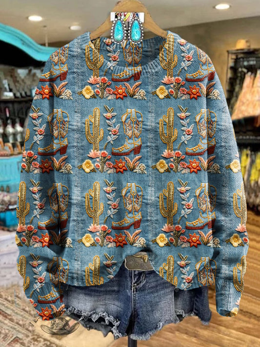 Blue Vintage Western Cactus Print Knit Pullover Sweater