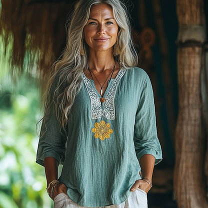 Womens Linen Bohemian Floral Western Shirt