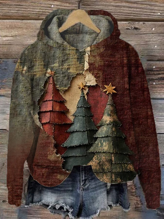 Women's Vintage Christmas Tree Collage Printed Hooded Sweatshirt