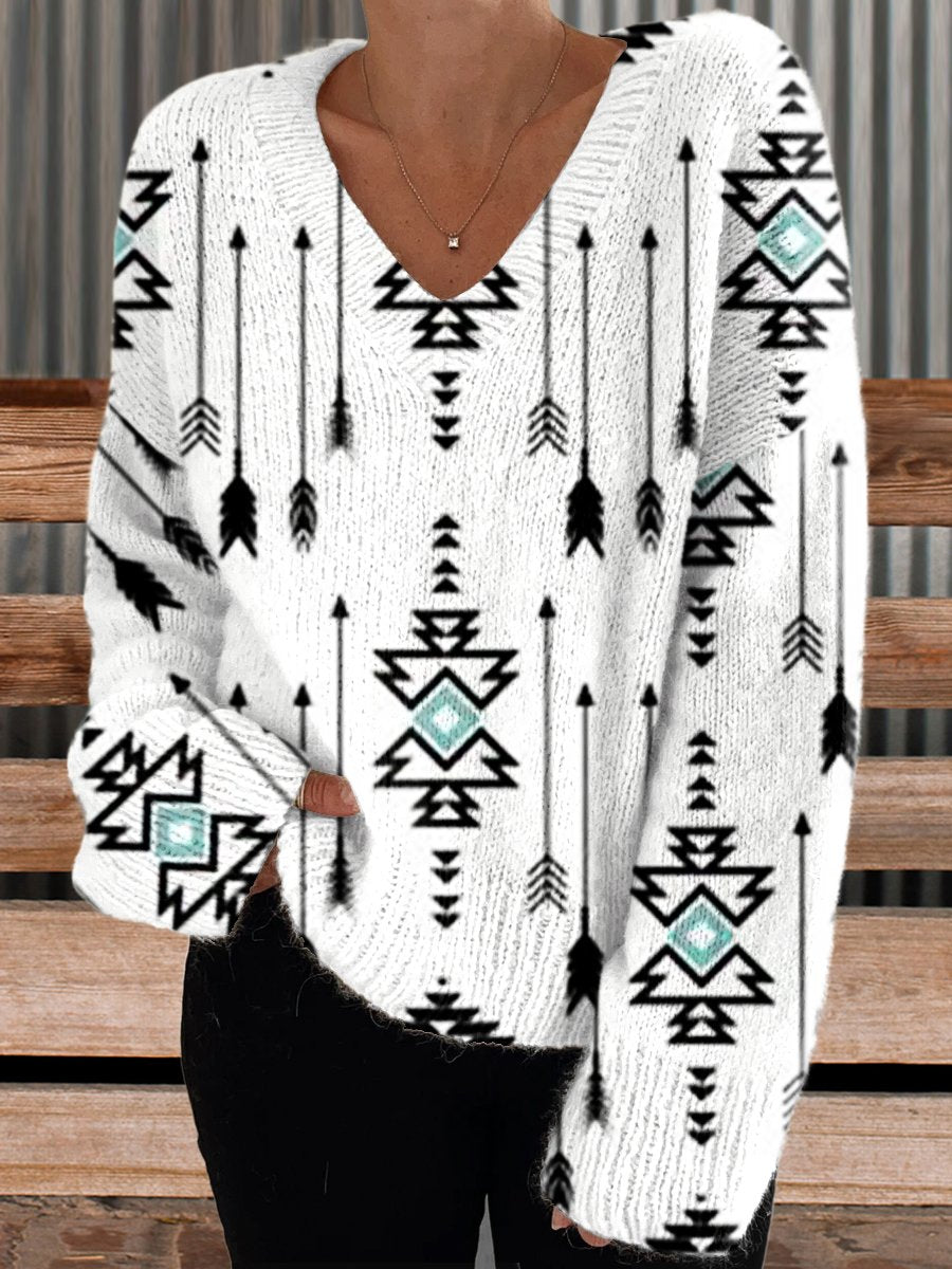 Women's White Vintage Aztec Print Casual V-neck Pullover Knit