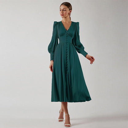 V-neck Satin Palace Waist Retro Long Dress