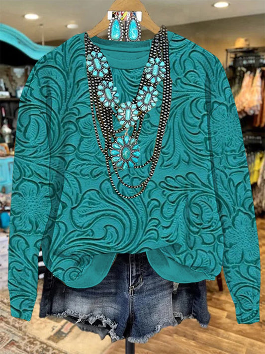 Vintage Turquoise Floral Print Casual Sweatshirt