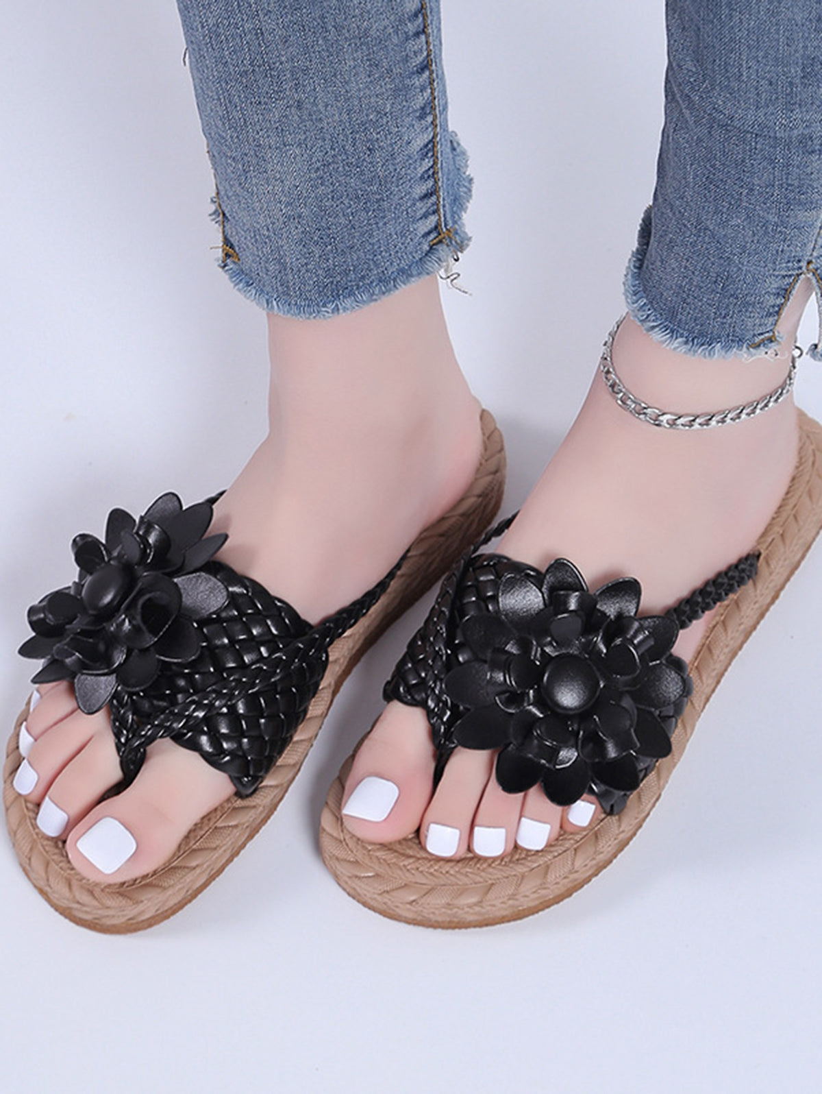 Casual 3D Floral Crochet Flip Flops Flat Slippers