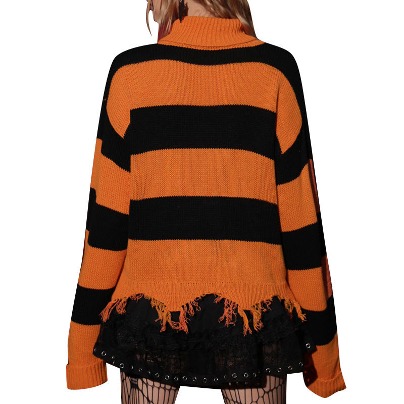 Halloween Bat Embroidered Turtleneck Sweater, Loose Retro Contrast Color Striped Sweater For Women