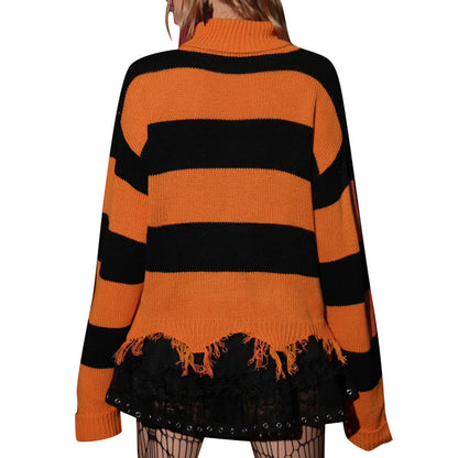 Halloween Bat Embroidered Turtleneck Sweater, Loose Retro Contrast Color Striped Sweater For Women