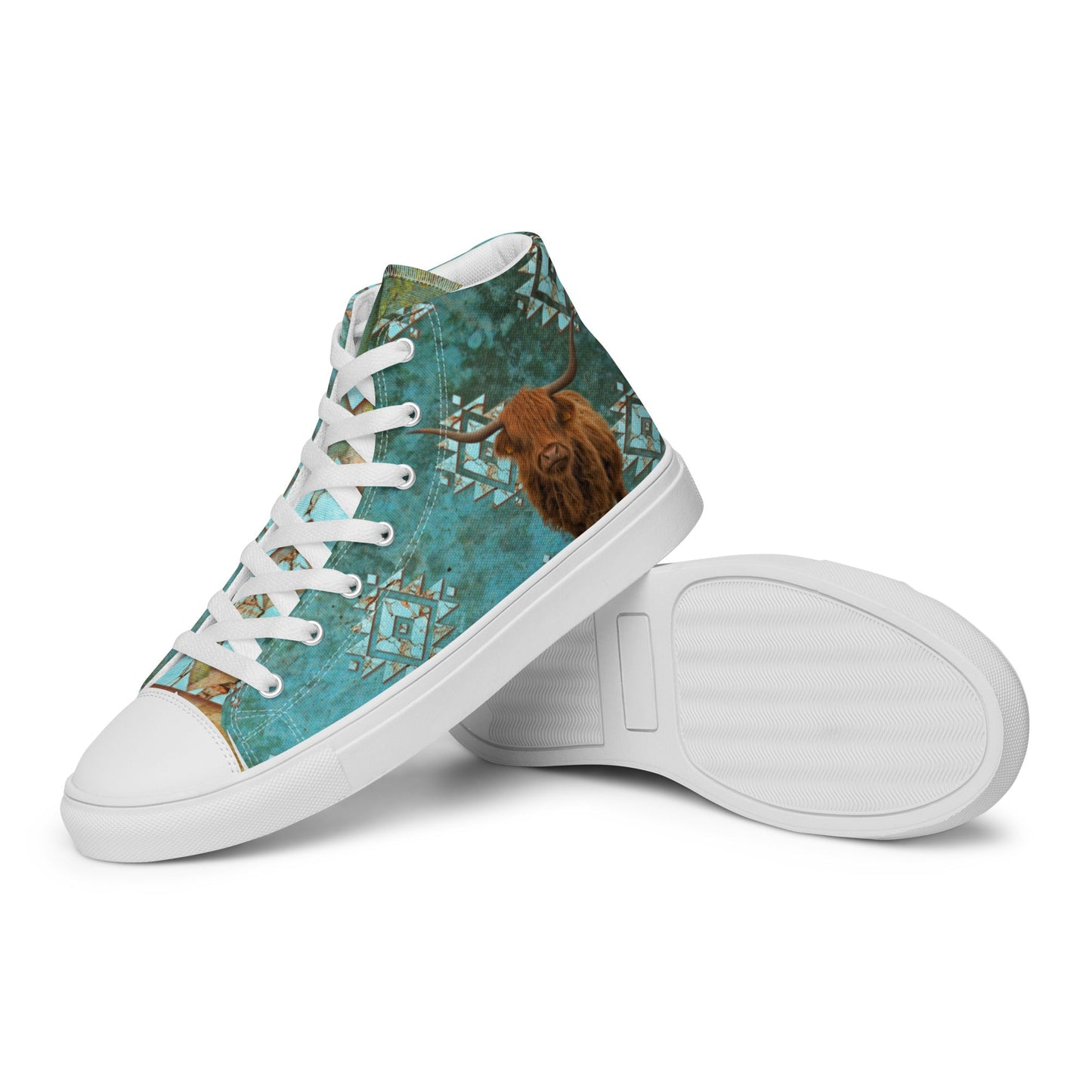 Turquoise Highland Cow Women__ high top canvas shoes