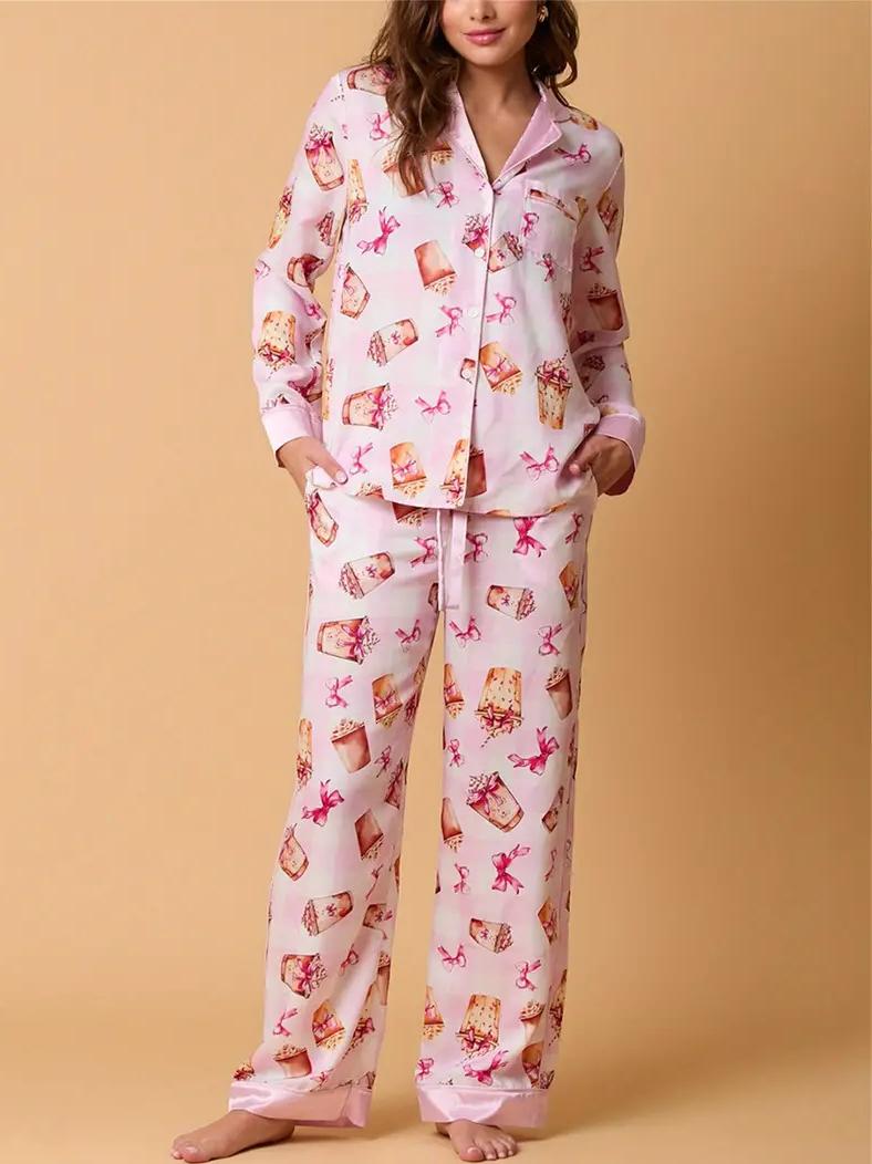 Bowknot Milk Tea Print Pajama Set Long Sleeve Shirt