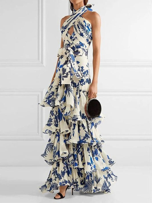 Fashion Printed Halterneck Sleeveless Off-Shoulder Hollow Dress