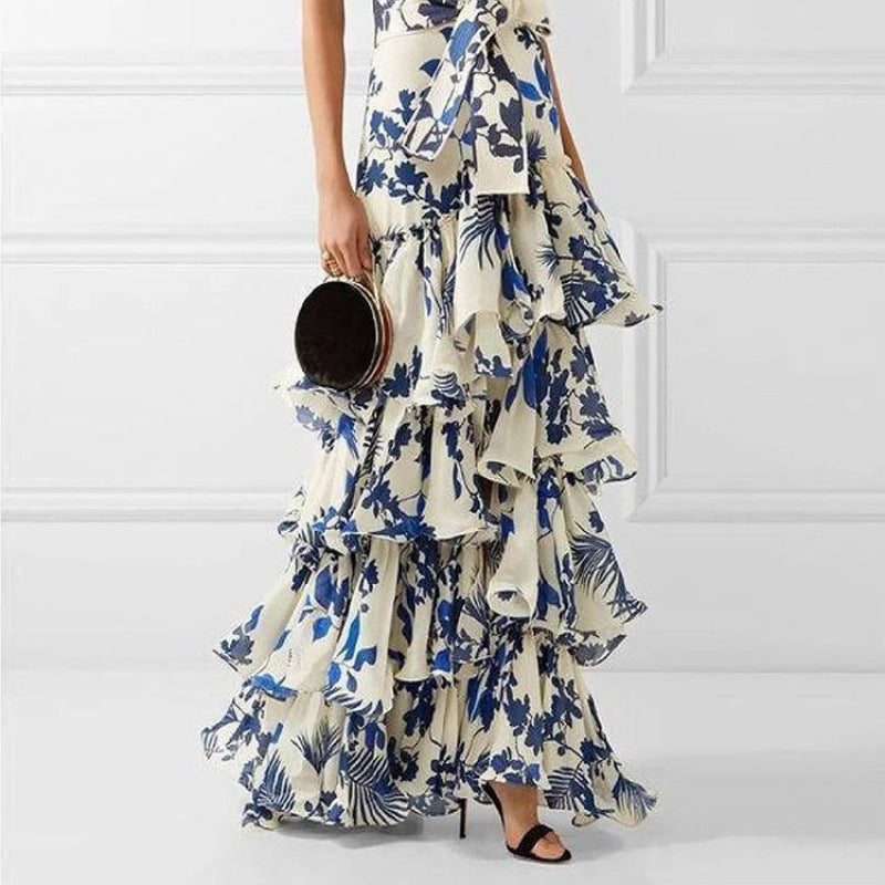 Fashion Printed Halterneck Sleeveless Off-Shoulder Hollow Dress