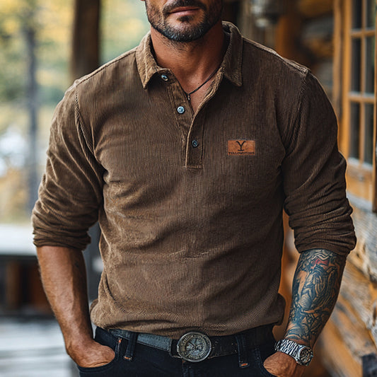 Men's Yellowstone Logo Vintage Corduroy Button HenleyPolo Collar Long Sleeve Sweatshirt Basic Pullover